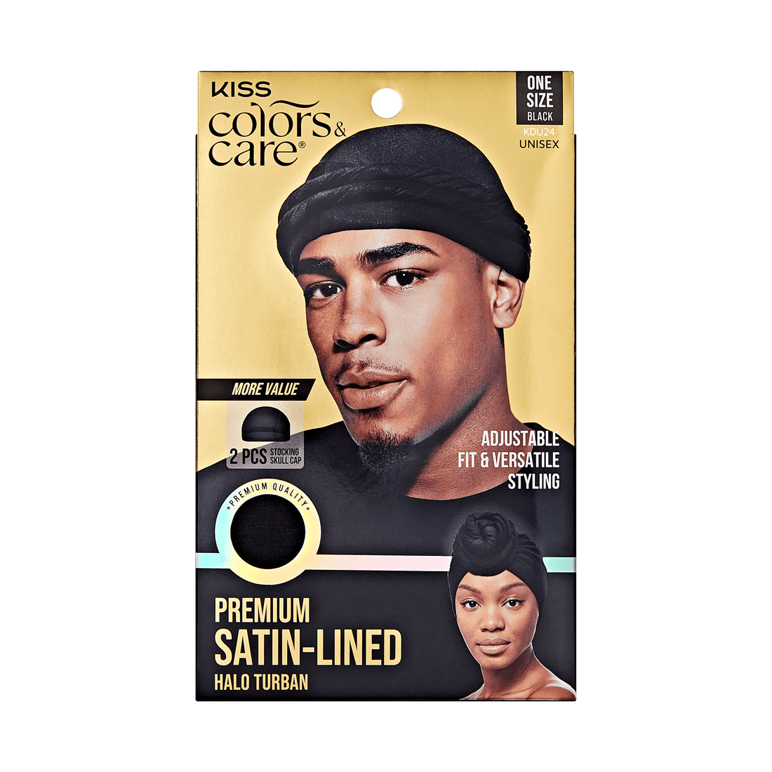 KISS Colors &amp; Care Premium Satin-Lined Halo Turban &amp; 2 Wave Cap, Black